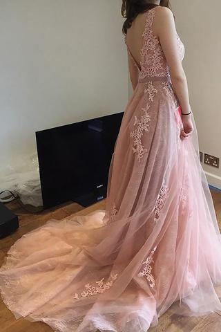 Charming Pink Lace Tulle  Open Back  Little Train Wedding Dresses