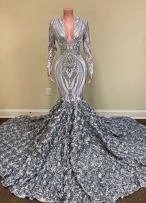 Charming Silver V-neck Long Sleeve Flowers Floor-length Mermaid Prom Dresses