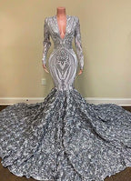 Charming Silver V-neck Long Sleeve Flowers Floor-length Mermaid Prom Dresses