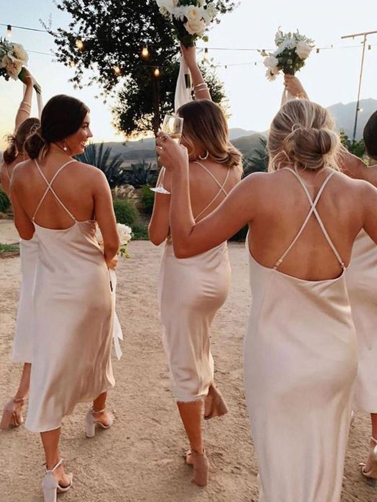 Charming Spaghetti Straps Champagne Silk Satin Bridesmaid Dresses BD079
