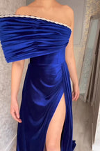 Charming Strapless Royal Blue Split From A-line Satin Prom Dress