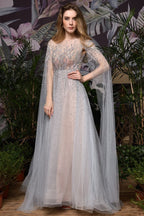 Charming Tulle Floor Length Evening Party Dress Sparkly Beads Prom Dress with Back Cape
