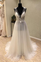V-Neck Open Back Tulle Ivory Beach  Wedding Dress