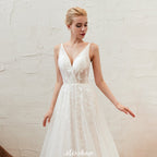 Chic Deep V-Neck White Tulle Princess Open Back Wedding Dress with Court Train