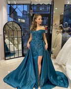 Chic Floor Length Sweetheart Off-The-Shoulder Sheath Ribbon Prom Dress with Appliques