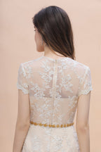 Chic Jewel Tulle Lace Beadings Mother of Bride Dress with Short Sleeves Online