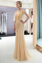 Chic Long Mermaid Jewel Tulle Beading Prom Dress with Sleeves