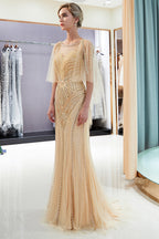 Chic Long Mermaid Jewel Tulle Beading Prom Dress with Sleeves