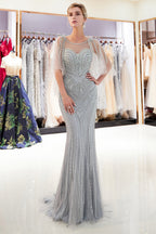 Chic Long Mermaid Jewel Tulle Beading Prom Dress with Sleeves