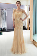 Chic Long Mermaid Jewel Tulle Beading Prom Dress with Sleeves
