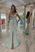Chic Long Mint Green Straps Sequined Evening Dresses With Slit