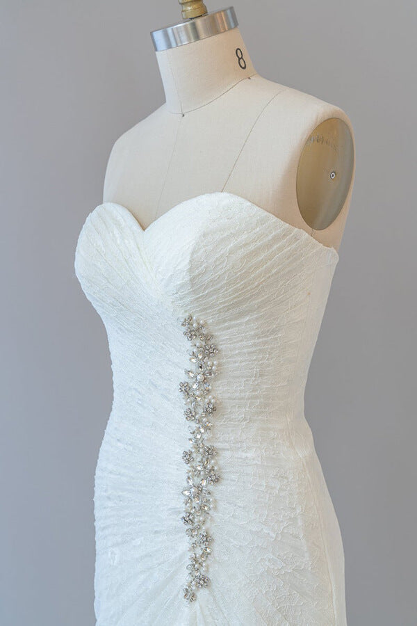 Chic Long Sheath Strapless Ruffle Lace Wedding Dress