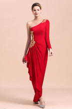 Chic One-Shoulder Long Sleeves Ruffle Mother of Bride Dresses with Appliques