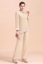 Chic Round-Neck Champagne Chiffon Mother of Bride Jumpsuit Online