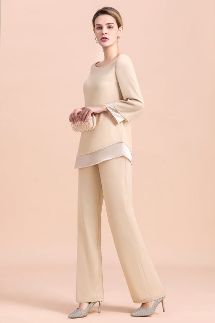 Chic Round-Neck Champagne Chiffon Mother of Bride Jumpsuit Online