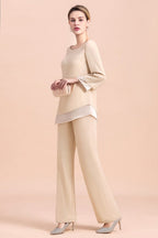 Chic Round-Neck Champagne Chiffon Mother of Bride Jumpsuit Online