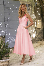 Chic Short A-line V neck Satin Backless Formal Prom Dresses with Pockets