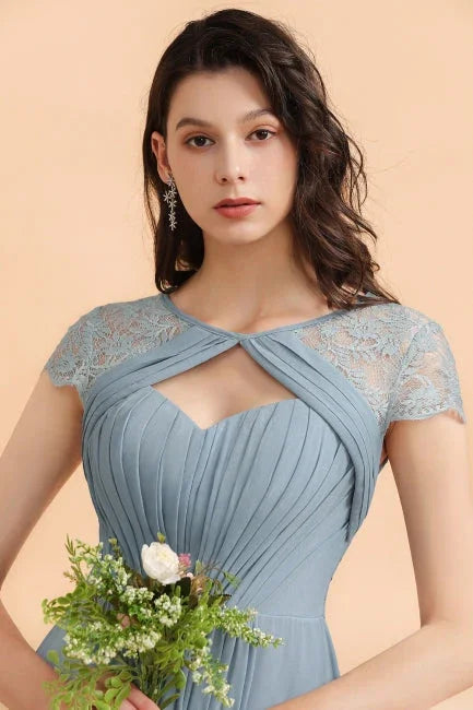 Chic Short Sleeves Lace Chiffon Bridesmaid Dress with Ruffles