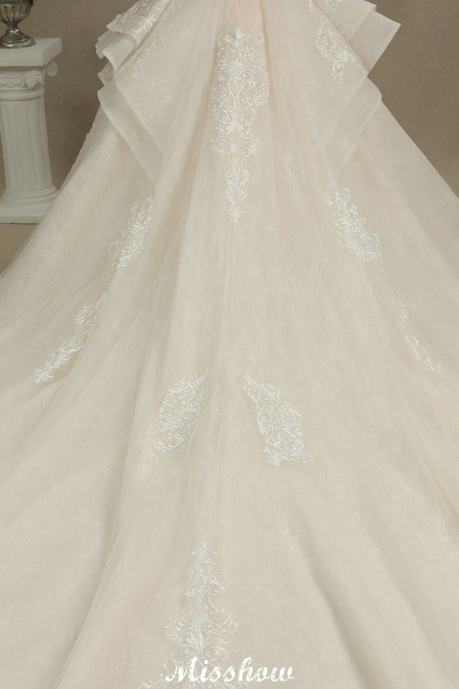 Chic Short Sleeves Tulle Lace Appliques Bridal Gown Spring Garden Wedding Dress