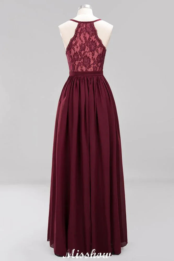 Chiffon Lace A-line Bridesmaid Dresses | V-Neck Sleeveless Floor Length Maid of the Honor Dresses