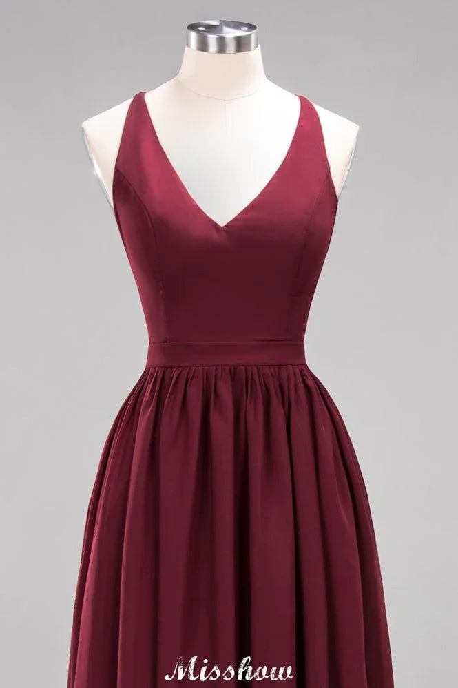 Chiffon Lace A-line Bridesmaid Dresses | V-Neck Sleeveless Floor Length Maid of the Honor Dresses