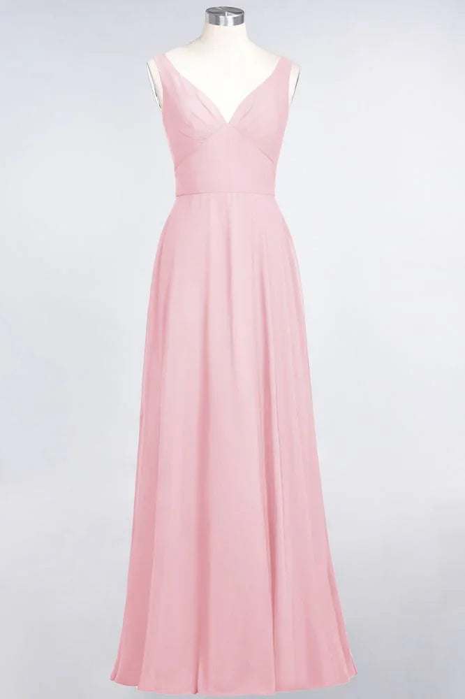 Chiffon V-Neck Straps Sleeveless Ruffles Floor-Length Bridesmaid Dress with Open Back