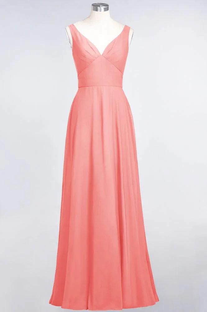Chiffon V-Neck Straps Sleeveless Ruffles Floor-Length Bridesmaid Dress with Open Back