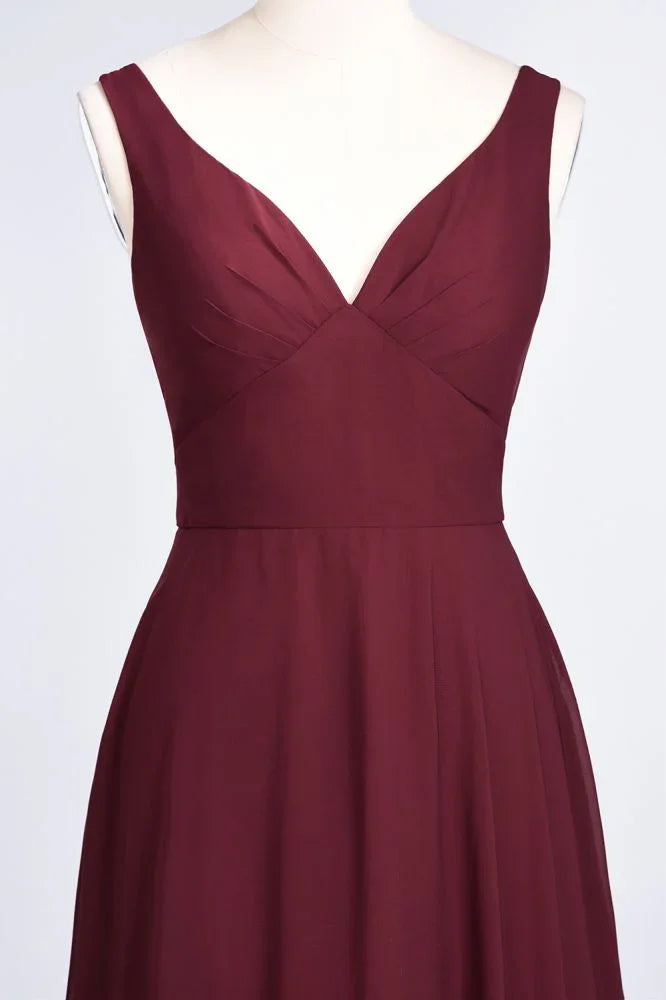 Chiffon V-Neck Straps Sleeveless Ruffles Floor-Length Bridesmaid Dress with Open Back