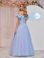 Cinderella Blue Tulle Off the Shoulder With Crystals & Butterflies Ball Gown