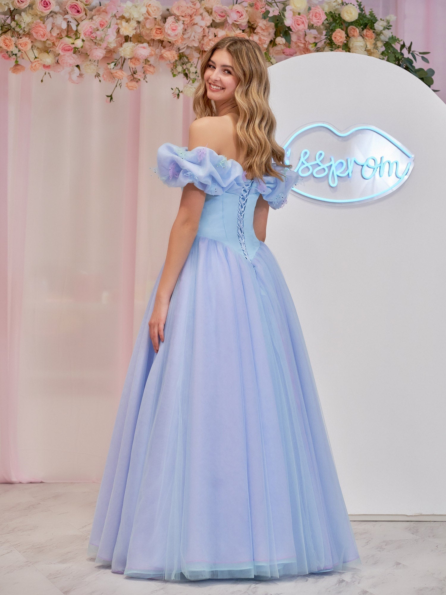 Cinderella Blue Tulle Off the Shoulder With Crystals & Butterflies Ball Gown