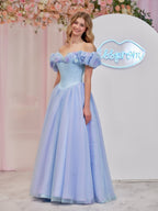 Cinderella Blue Tulle Off the Shoulder With Crystals & Butterflies Ball Gown