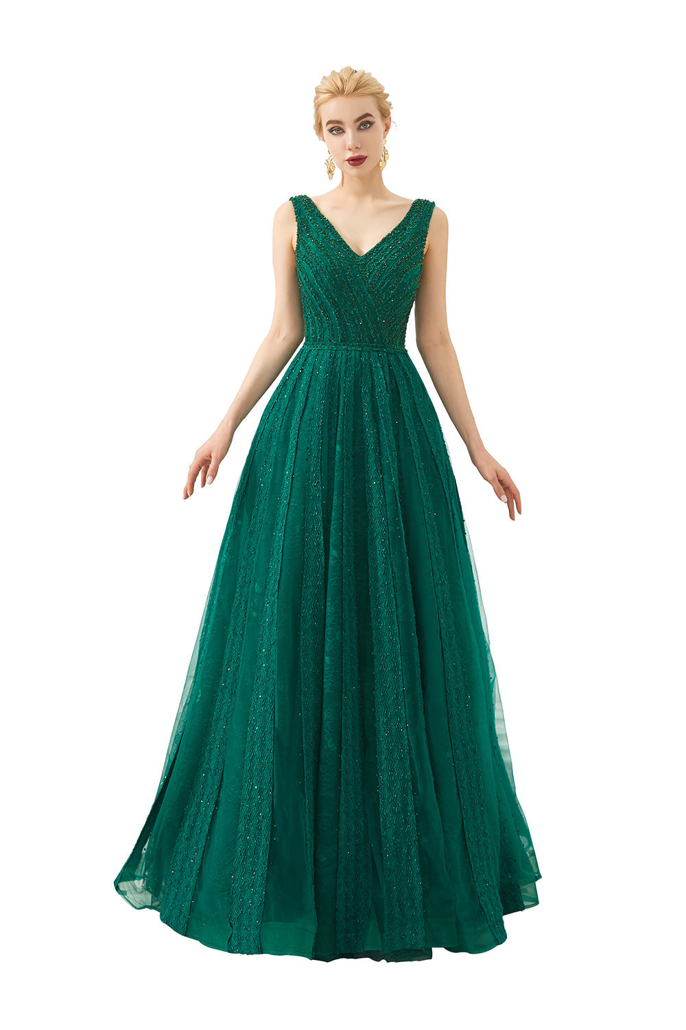 Classic Long A-line V-neck Tulle Prom Dress