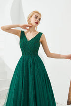 Classic Long A-line V-neck Tulle Prom Dress