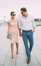 Classic Pink Short Sheath Lace Prom Dress with Sleeves