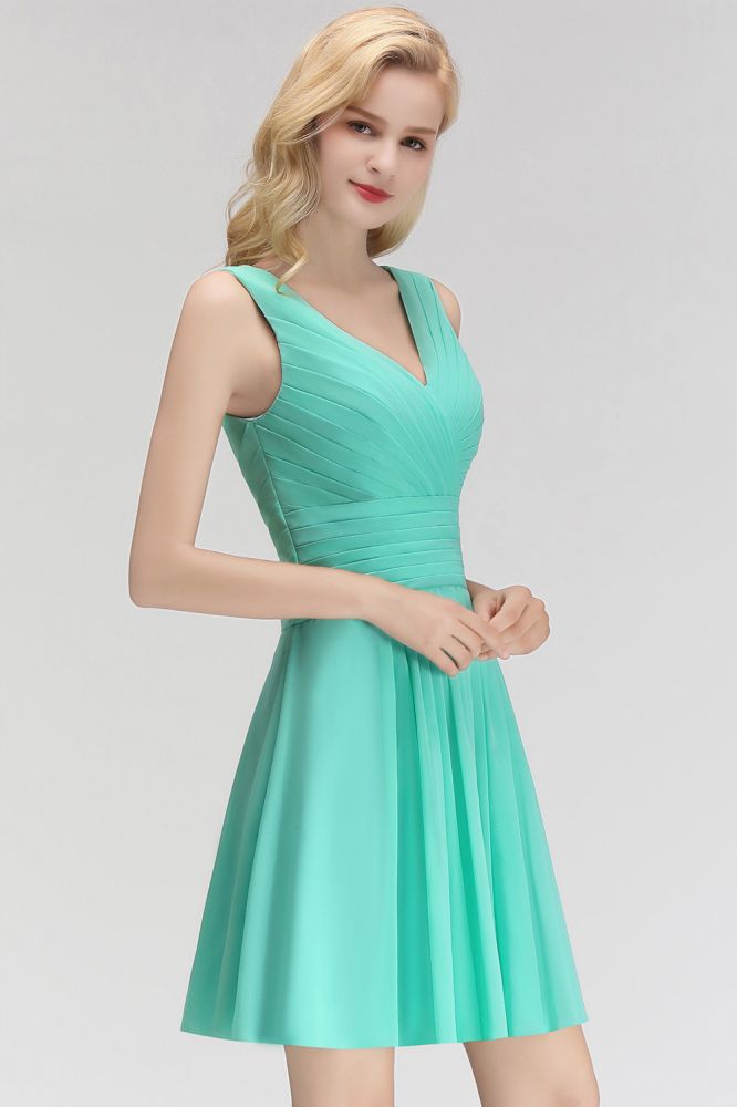 Classic V-Neck Floral Mini Cocktail Dress Sleeveless Chiffon Knee Length Homecoming Dress