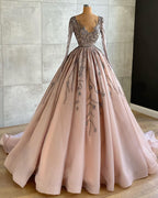 Classy Long A-line V-neck Beading Tulle Prom Dress with Sleeves