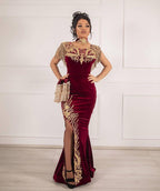 Classy Long Mermaid Appliques Lace Velvet Prom Dress With Slit