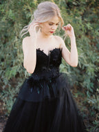 Classy Long Princess Sweetheart Open Back Tulle Black Wedding Dress with Lace