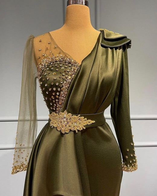 Classy V-neck Long Sleeves Beading Mermaid Prom Dress With Side Train