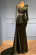 Classy V-neck Long Sleeves Beading Mermaid Prom Dress With Side Train