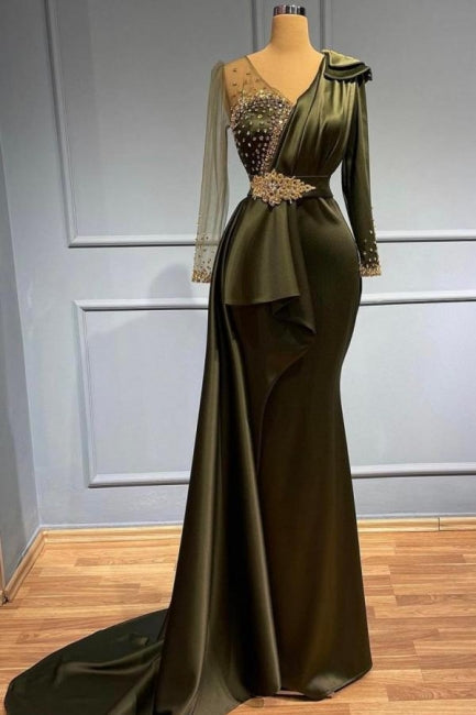 Classy V-neck Long Sleeves Beading Mermaid Prom Dress With Side Train