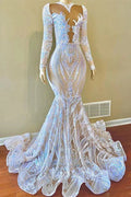 Classy V-neck Sequins Floor-length Mermaid Prom Dresses With Long Sleeves