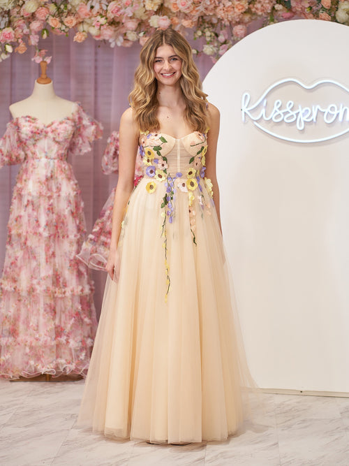 A-Line Corset Midi Prom Dress with 3D Flowers