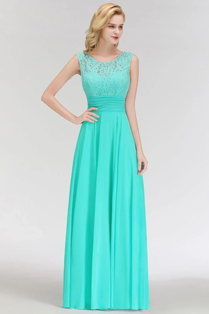 Crew Neck Lace Top Sleeveless Chiffon Bridesmaid Dress Aline Formal Dress