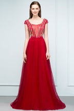 Crystal Beading Tulle A-line Floor Length Cap Sleeves Prom Dresses with Sash