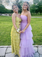 Curitis | Spaghetti Straps Yellow Keyhole Tiered Ruffle Long Formal Dress