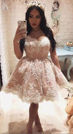 Cute Off The Shoulder A-line Short Pink Lace Homecoming Dress