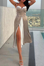 Chic All Night Patchwork Contrast Slit Strap Midi Dress