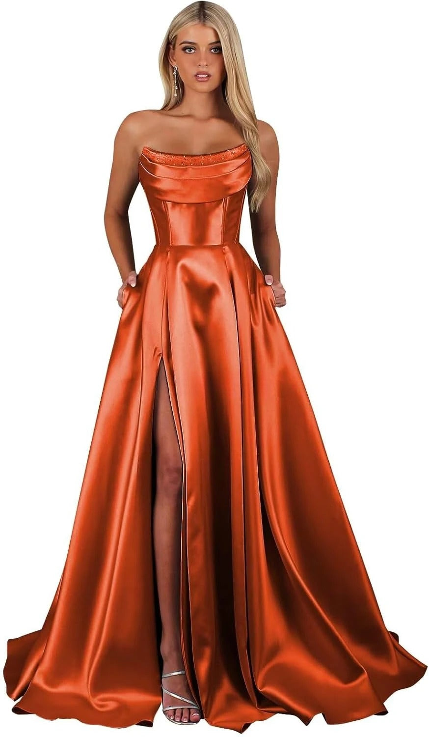Strapless Corset Prom Dresses for Women with Slit Long Satin Formal Evening Gowns with Pockets Elegant Sleeveless Party Dress