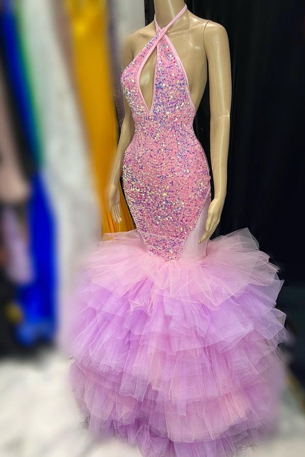 Halter Sequins Tulle Tiered Mermaid Sleeveless Prom Dress